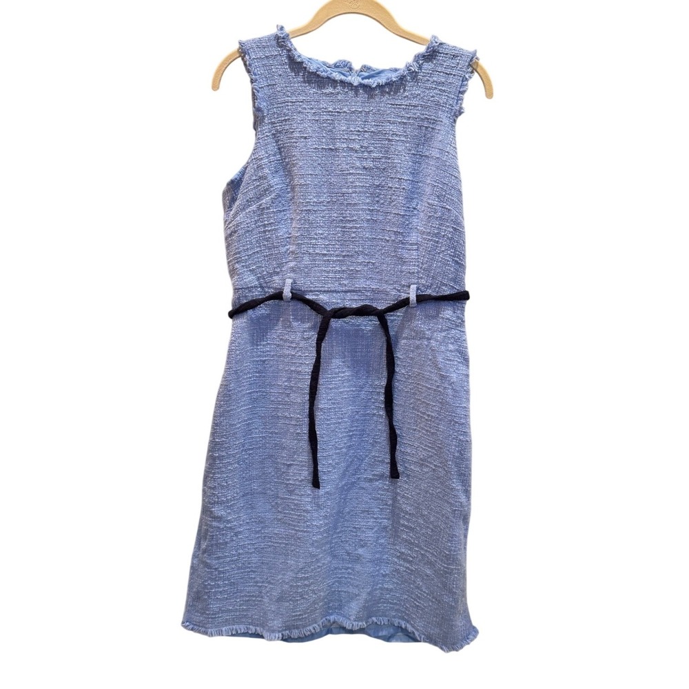 J. Crew Blue belted Tweed sleeveless tweed sheath dress 100% cotton frayed